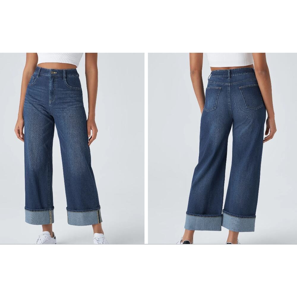 Halara Flex™ High‑Waisted Wide‑Leg Jeans Rolled Hem Pockets Size XS Regular EUC